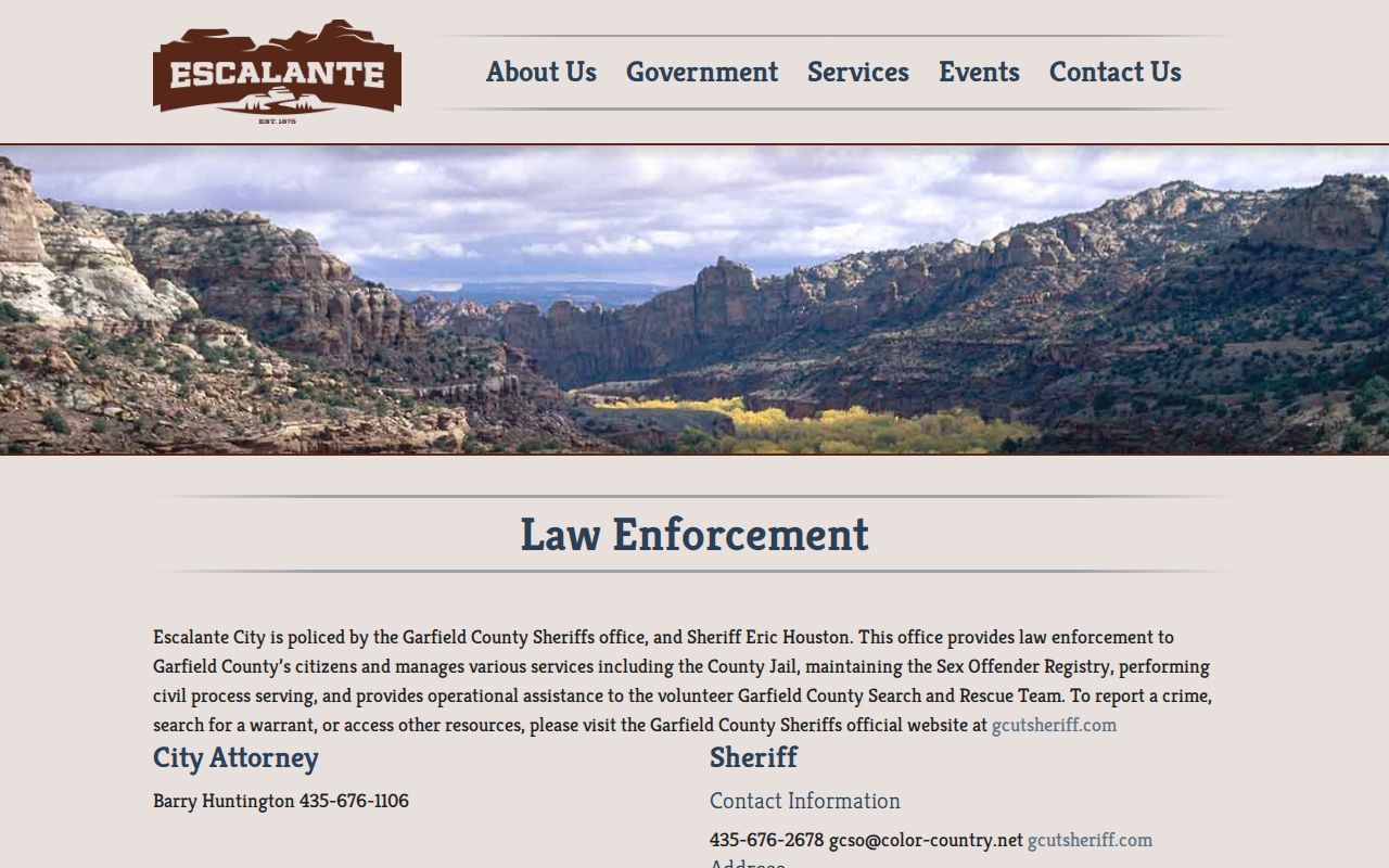 Escalante City law-enforcement page identifying the Garfield County Sheriff's Office for local arrest and booking records