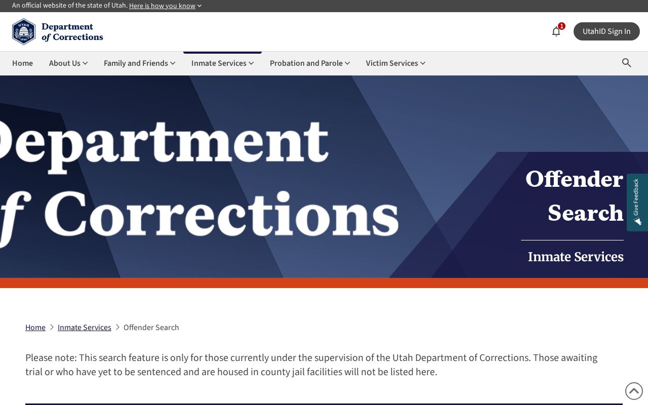Garfield County context for Utah Department of Corrections offender record search