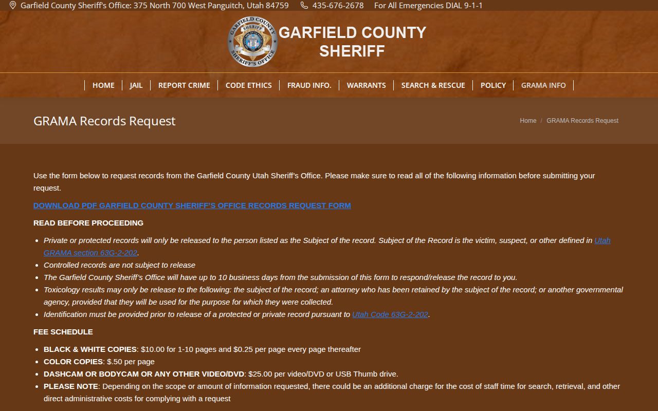 Garfield County Sheriff booking-record request information